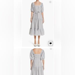 CO Puff Sleeve Stripe Linen & Silk Tiered Midi Dress